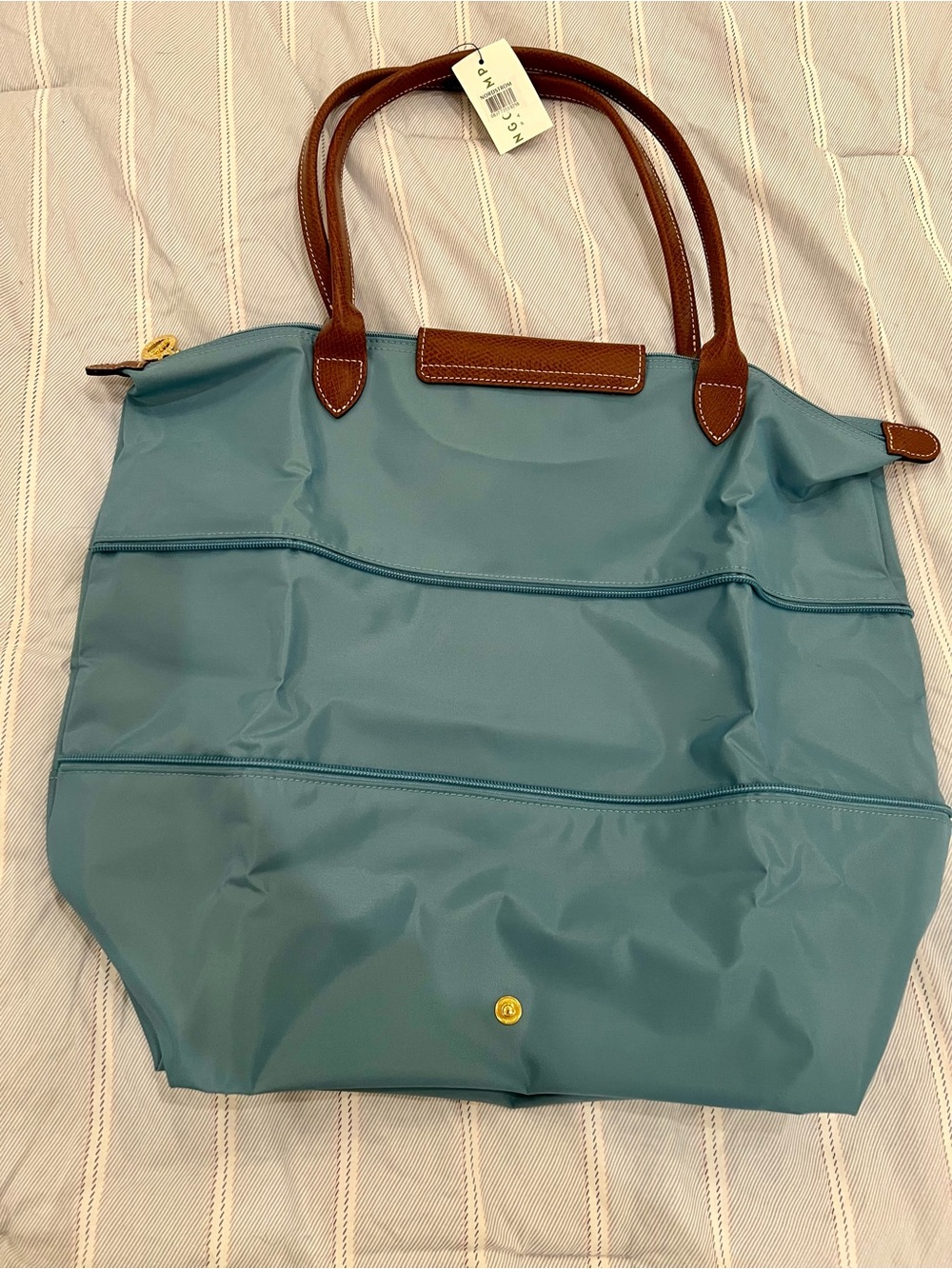 Longchamp Le Pliage Expandable Blue Tote with Brown Handles - Picture 2 of 5